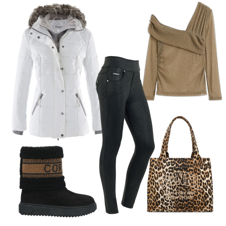 Outfit donna - Inverno in città. Stile Casual chic per Tutti i giorni. Abbinamento con piumini, maglieria, stivaletti, jeans skinny, shopping bag.