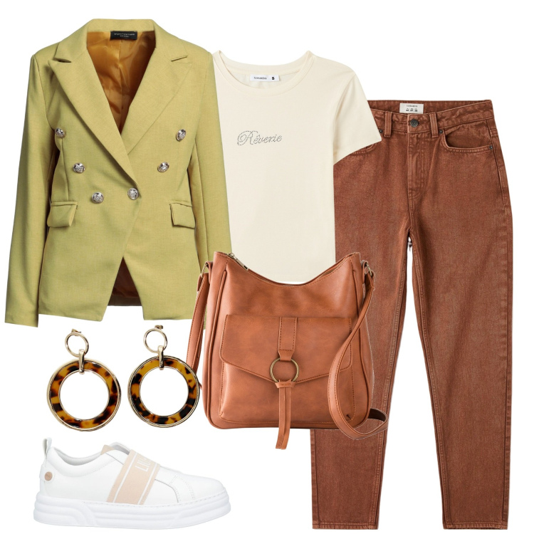Outfit donna - City. Stile Urban per Tutti i giorni. Abbinamento con borse a tracolla, blazer, sneakers, t-shirt, jeans mom, orecchini.
