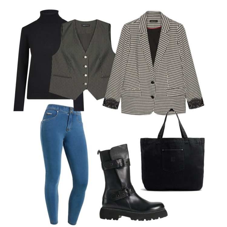 Outfit donna - Quadri e righe. per Tutti i giorni. Abbinamento con stivaletti, jeans skinny, maglieria, gilet, blazer, shopping bag.