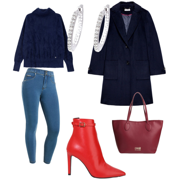Outfit donna - Febbraio colorato. per Tutti i giorni. Abbinamento con borse a spalla, orecchini, maglieria, stivaletti, jeans skinny, cappotti.