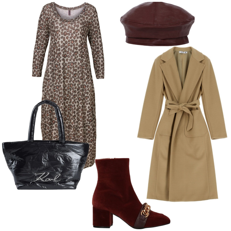 Outfit donna - Al centro commerciale. per Tutti i giorni. Abbinamento con vestiti midi/longuette, stivaletti, borse a mano, cappotti, cappelli e berretti.