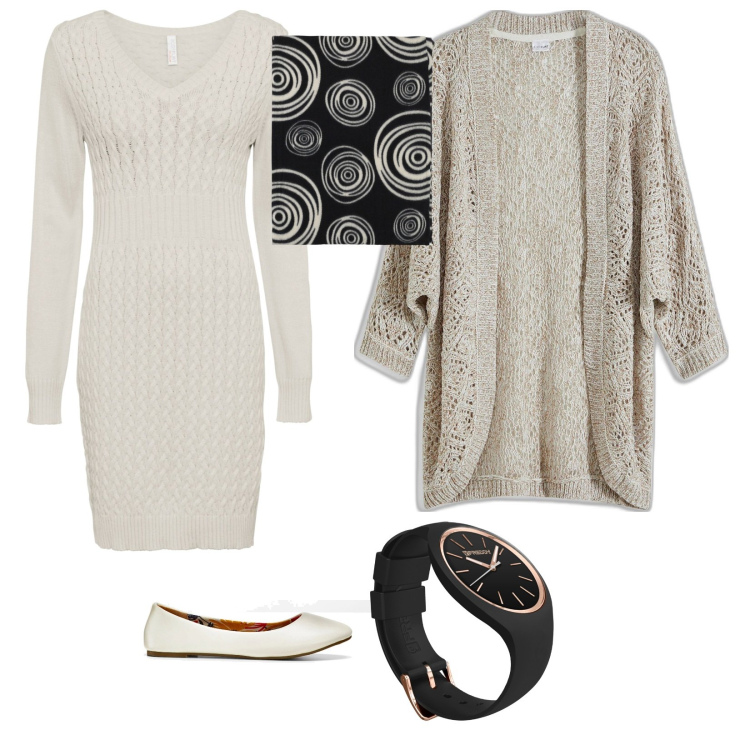 Outfit donna - Ospiti a casa. per Tutti i giorni. Abbinamento con ballerine, vestiti, cardigans, foulard, orologi.
