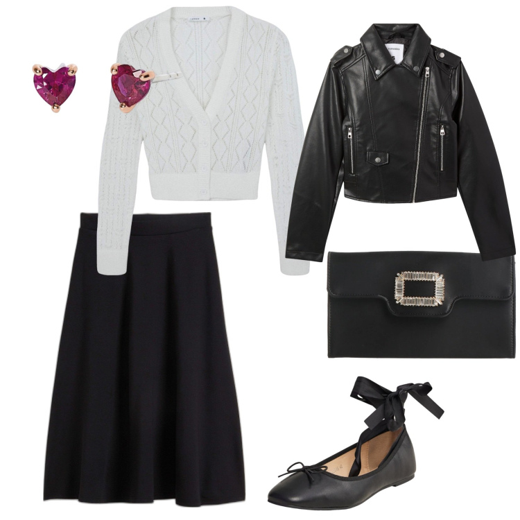 Outfit donna - Pronta per San valentino. per Serata fuori. Abbinamento con gonne longuette, borse a mano, cardigans, giacche, ballerine, orecchini.
