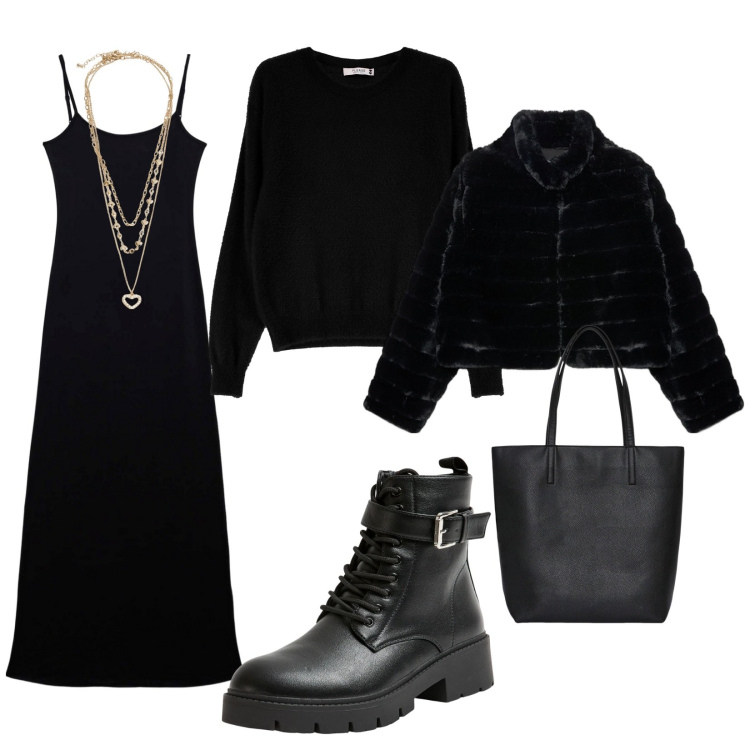 Outfit donna - Uscita con amici. per Serata fuori. Abbinamento con borse tote, vestiti lunghi, anfibi, collane, maglieria, blazer.