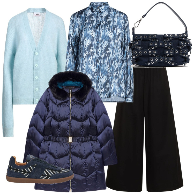 Outfit donna - Colore blu. Stile Bon Ton per Tutti i giorni. Abbinamento con camicie, sneakers, cardigans, clutch, pantaloni, piumini.