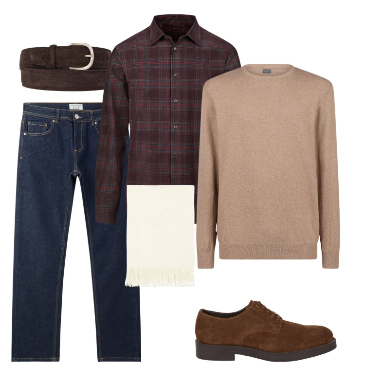 Outfit uomo - Casual in saldo. Stile Casual per Tutti i giorni. Abbinamento con jeans, sciarpe, maglieria, cinture, camicie, scarpe stringate.