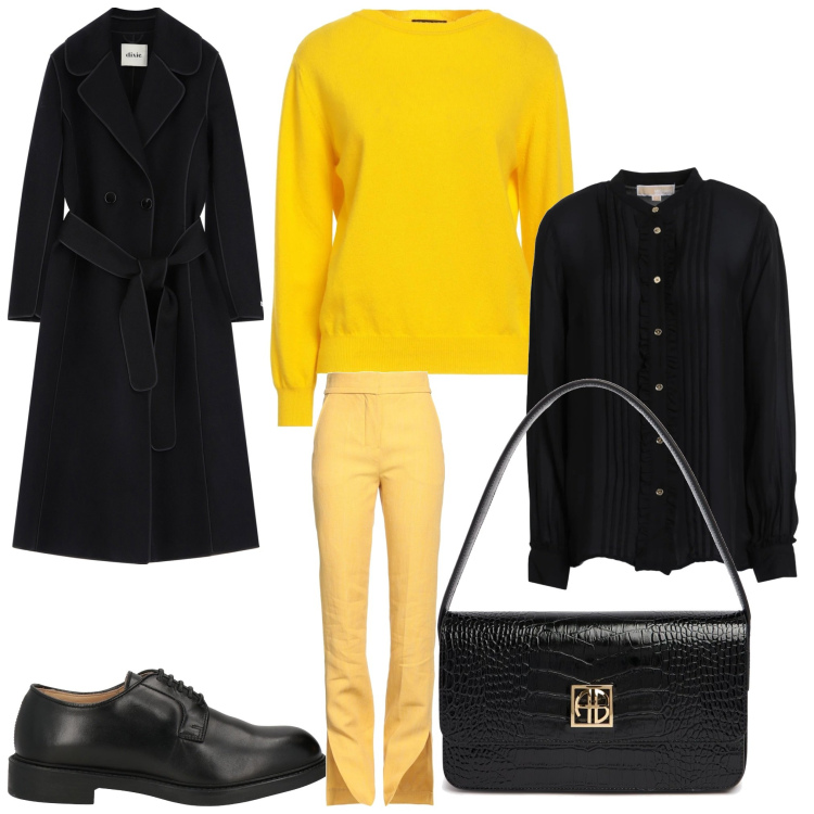 Outfit donna - Solare. Stile Casual chic per Ufficio. Abbinamento con pullovers, pantaloni, scarpe stringate, camicie, cappotti, borse a spalla.