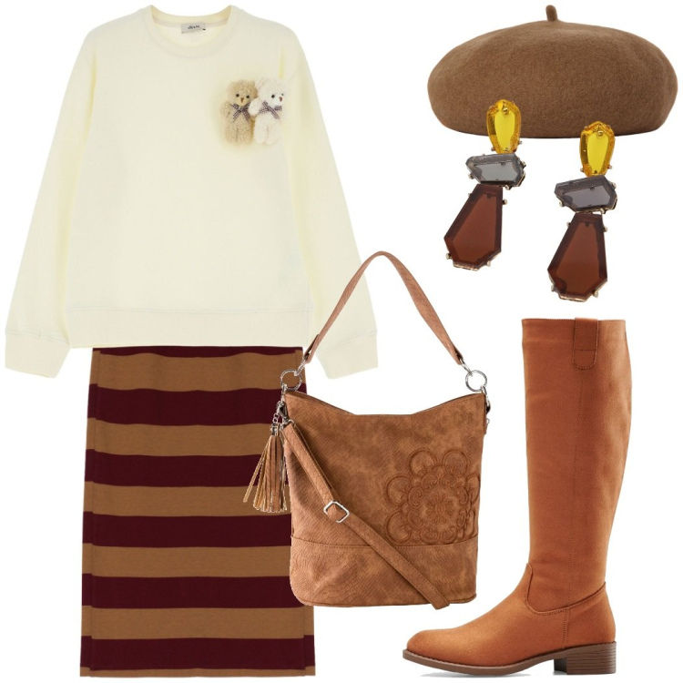 Outfit donna - Da mattina a sera. Stile Casual chic per Tutti i giorni. Abbinamento con stivali, borse a mano, gonne longuette, felpe, orecchini, cappelli e berretti.