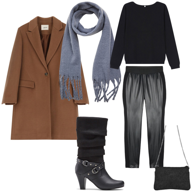 Outfit donna - Stilosa anche a lavoro. Stile Basic per Tutti i giorni. Abbinamento con stivali, sciarpe, borse a tracolla, pullovers, cappotti, pantaloni skinny.