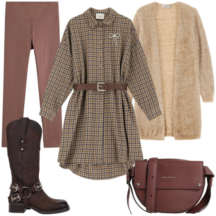 Outfit donna - Il mini abito a camicia. Stile Casual per Tutti i giorni. Abbinamento con borse a tracolla, cardigans, leggings, vestiti, stivali.