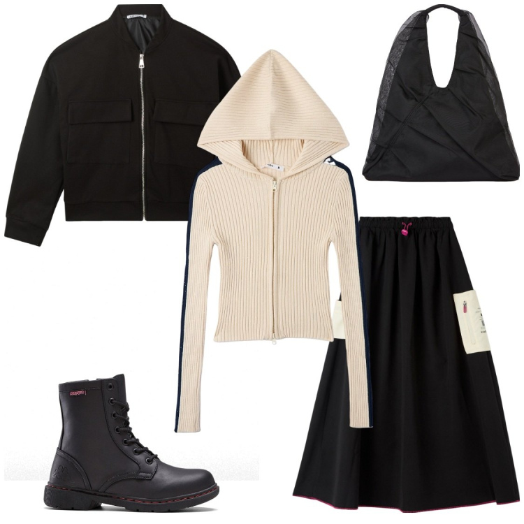 Outfit donna - Teenager. Stile Casual chic per Tutti i giorni. Abbinamento con stivaletti, gonne lunghe, maglieria, bomber, shopping bag.