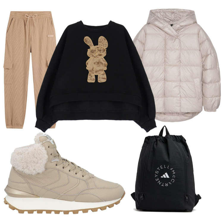 Outfit donna - Total look #2044775. Stile Sporty chic per Tutti i giorni. Abbinamento con sneakers alte, pantaloni sportivi, felpe, piumini, zaini.
