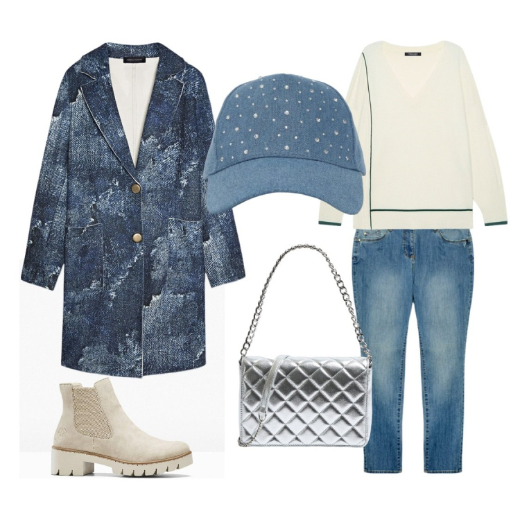 Outfit donna - Ghiaccio e cielo. Stile Sporty chic per Tutti i giorni. Abbinamento con stivaletti, cappelli, borse a tracolla, maglieria, cappotti, jeans skinny.