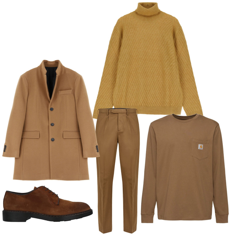 Outfit uomo - In marrone. Stile Casual per Tutti i giorni. Abbinamento con scarpe stringate, cappotti, maglieria, pantaloni, t-shirt.