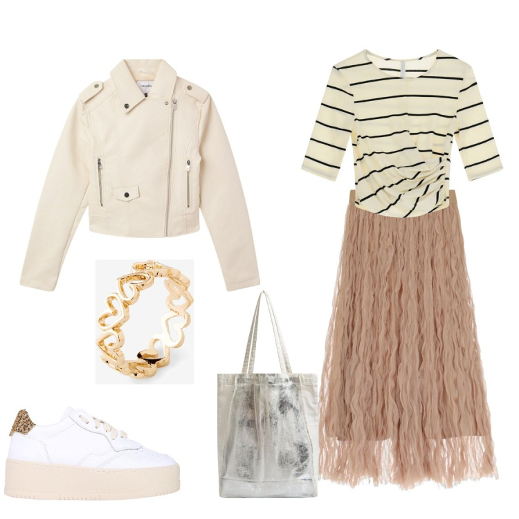 Outfit donna - Toni di bianco. Stile Casual chic per Tutti i giorni. Abbinamento con anelli, giacche, shopping bag, sneakers, t-shirt, gonne lunghe.