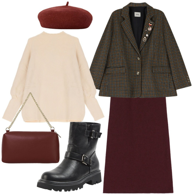 Outfit donna - Aperitivo con le amiche. Stile Urban per Tutti i giorni. Abbinamento con stivaletti, gonne longuette, blazer, maglieria, borse a tracolla, cappelli e berretti.