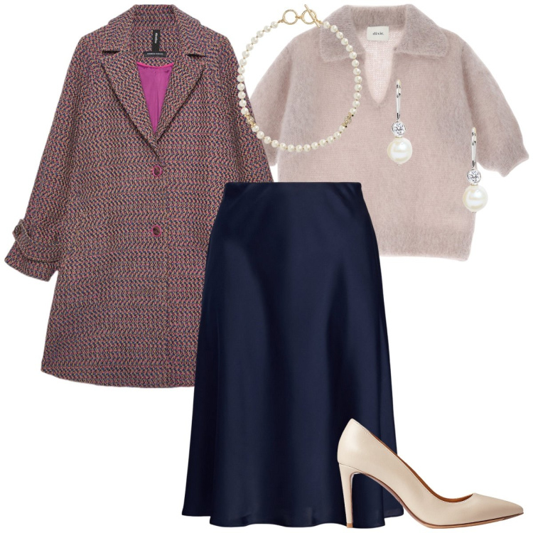 Outfit donna - Raffinata midi. Stile Bon Ton per Ufficio. Abbinamento con gonne, orecchini, décolleté, collane, maglieria, cappotti.