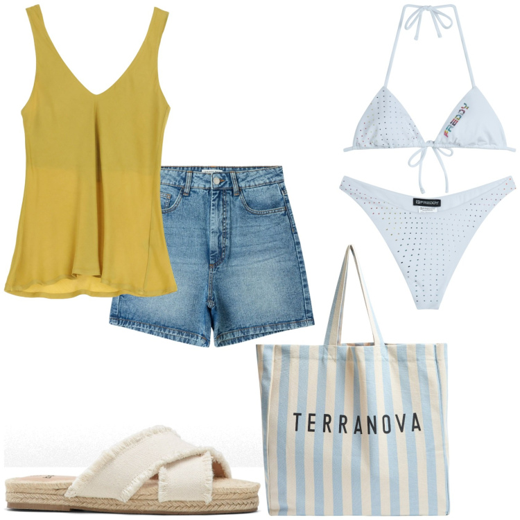 Outfit donna - Vengo al mare. Stile Casual per Mare. Abbinamento con ciabatte, bermuda, borse tote, bikini, bikini, top.