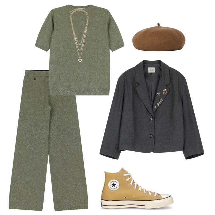 Outfit donna - Gioco di stili. Stile Sporty chic per Tutti i giorni. Abbinamento con collane, pantaloni a palazzo, maglieria, blazer, cappelli e berretti, sneakers.