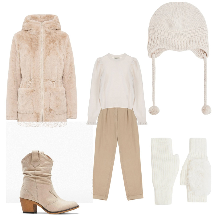 Outfit donna - bianca. Abbinamento con ecopellicce, stivaletti texani, guanti, berretti, pantaloni chino, pullovers.
