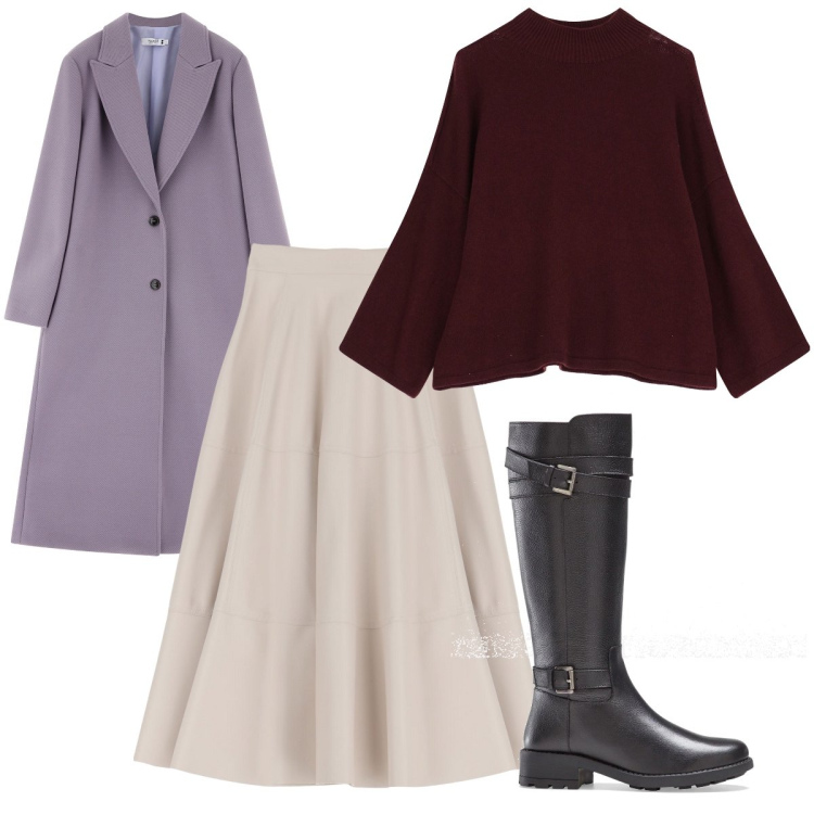 Outfit donna - Total look #2044833. Stile Romantica per Tutti i giorni. Abbinamento con stivali, cappotti, maglieria, gonne longuette.