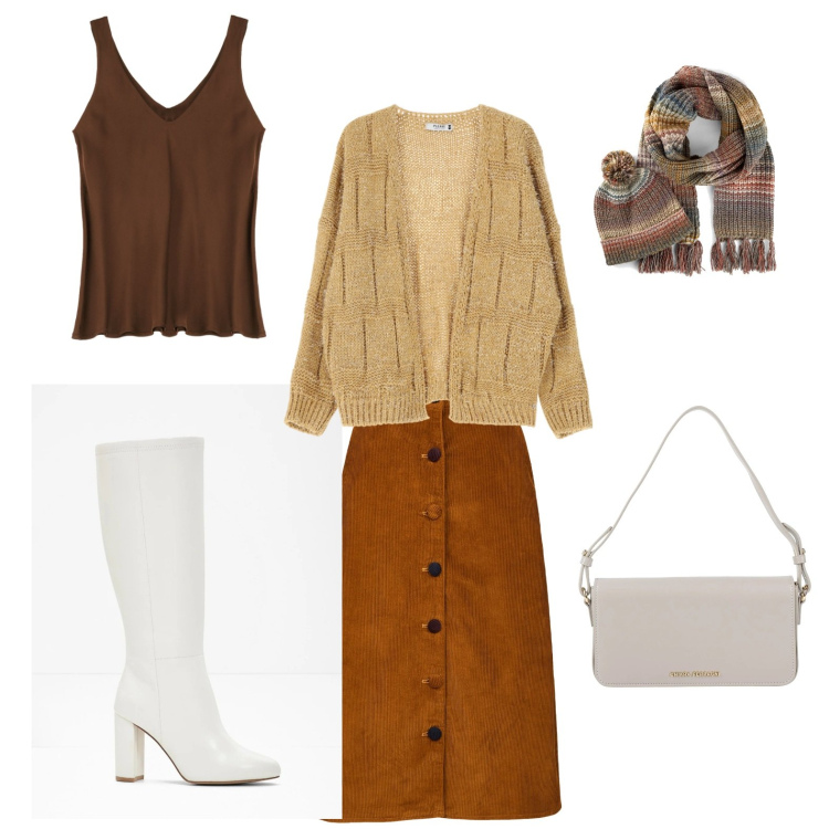Outfit donna - marrone. Abbinamento con borse a mano, sciarpe, stivali, cardigans, canottiere, gonne longuette.