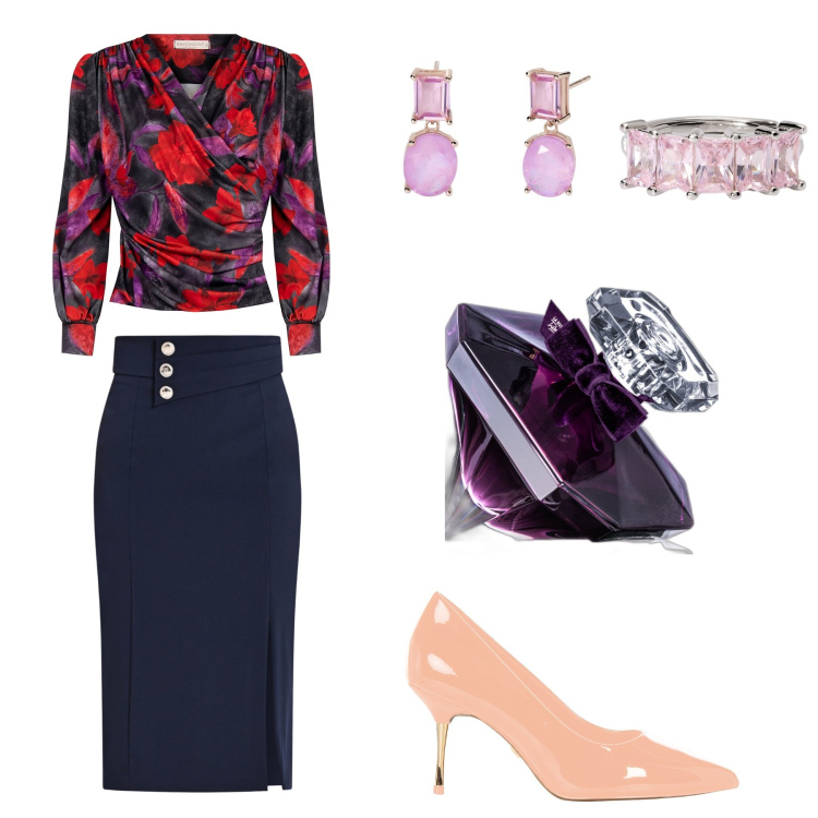 Outfit donna - donna. Stile Chic per Serata fuori. Abbinamento con profumi, anelli, orecchini, bluse, gonne longuette, décolleté.