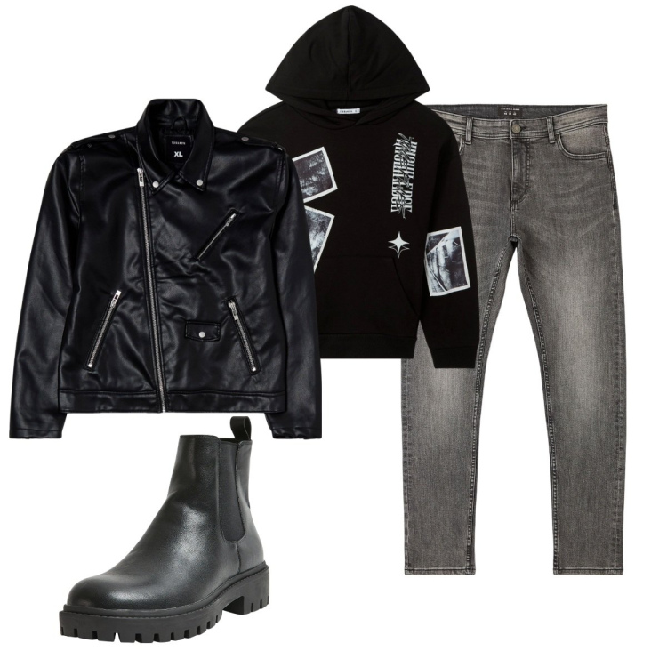 Outfit uomo - Total look #2044858. Stile Trendy per Tutti i giorni. Abbinamento con felpe con cappuccio, stivali e stivaletti, jeans skinny, giacche.