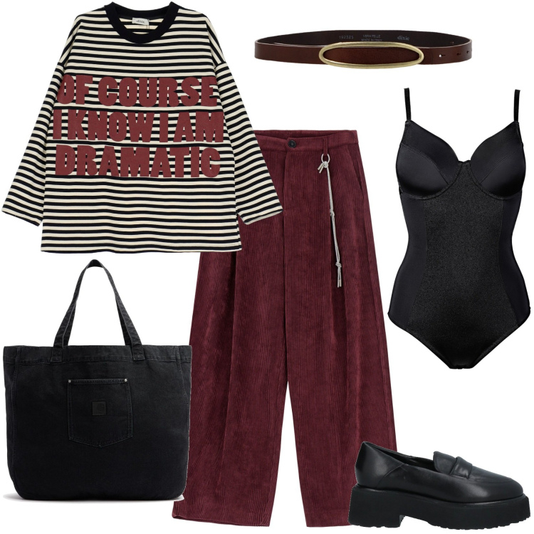 Outfit donna - Pantaloni a palazzo in velluto. Stile Casual per Tutti i giorni. Abbinamento con body, mocassini, pantaloni a palazzo, cinture, maglieria, shopping bag.