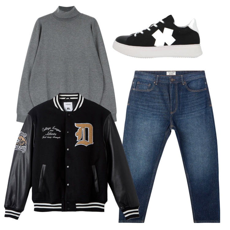 Outfit uomo - City. Stile Urban per Tutti i giorni. Abbinamento con sneakers, jeans, bomber, maglieria.