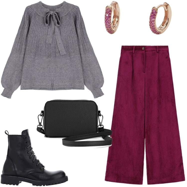 Outfit donna - Pantaloni a palazzo e anfibi. Stile Military per Tutti i giorni. Abbinamento con borse a tracolla, orecchini, stivaletti, pullovers, pantaloni a palazzo.