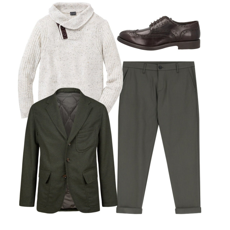 Outfit uomo - Uno scollo particolare. Stile Casual per Tutti i giorni. Abbinamento con maglieria, scarpe stringate, pantaloni, giacche.