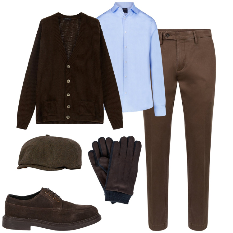 Outfit uomo - Accessori invernali. Stile Urban per Tutti i giorni. Abbinamento con cardigans, pantaloni chino, camicie, cappelli e berretti, scarpe stringate, guanti.