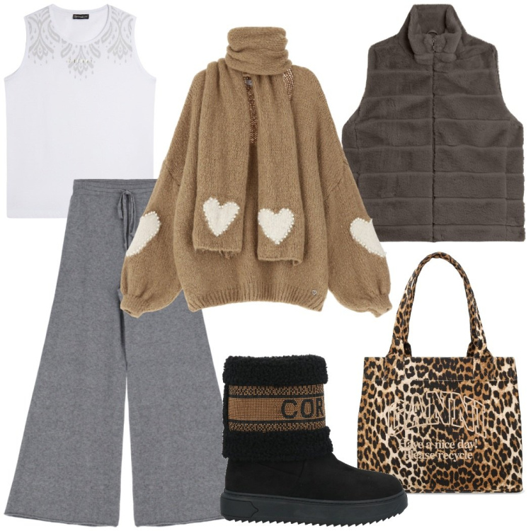 Outfit donna - Look avvolgente. Stile Urban per Tutti i giorni. Abbinamento con stivaletti, maglieria, pantaloni, top sportivi, gilet, shopping bag.