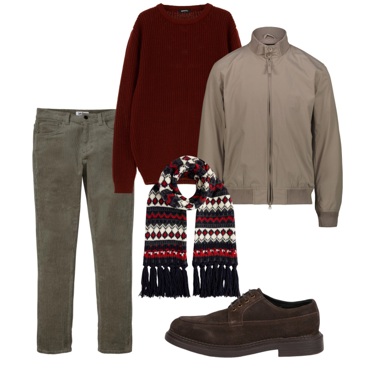 Outfit uomo - Immancabile bomber. Stile Casual per Tutti i giorni. Abbinamento con pantaloni, maglieria, sciarpe, scarpe stringate, giacche.