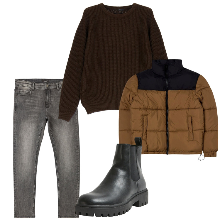 Outfit uomo - Il pull moka. Stile Casual per Tutti i giorni. Abbinamento con stivali e stivaletti, giacche, jeans skinny, maglieria.