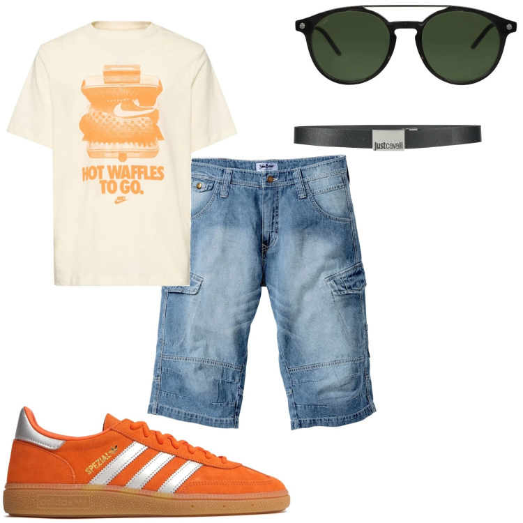 Outfit uomo - Con gli amici. Stile Casual per Tutti i giorni. Abbinamento con bermuda, cinture, occhiali da sole, t-shirt, sneakers.