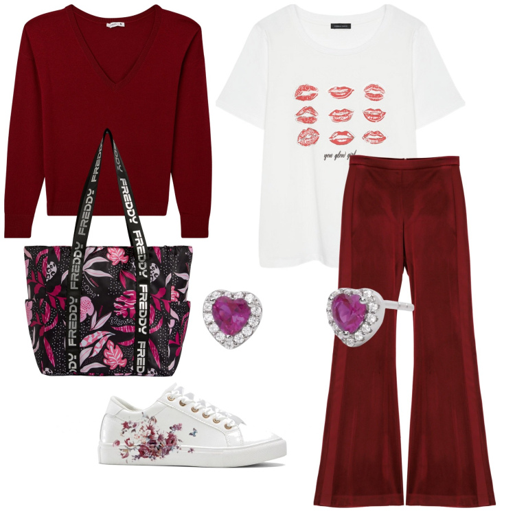 Outfit donna - Kisses. Stile Casual per Tutti i giorni. Abbinamento con sneakers, maglieria, orecchini, pantaloni, shopping bag, t-shirt.