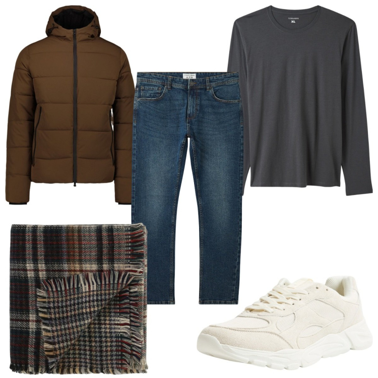Outfit uomo - Total look #2044920. Stile Casual per Tutti i giorni. Abbinamento con jeans, maglieria, sneakers, sciarpe, piumini.
