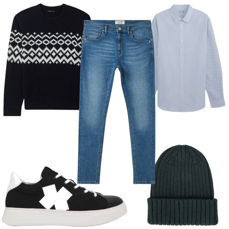 Outfit uomo - Total look #2044923. Stile Casual per Tutti i giorni. Abbinamento con sneakers, camicie, jeans slim fit, maglieria, berretti.