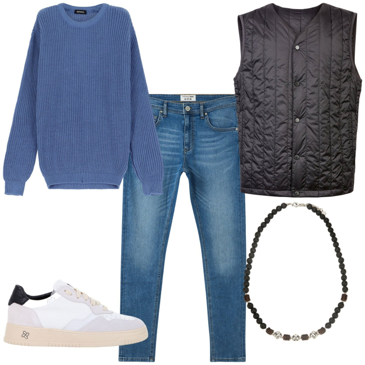 Outfit uomo - Total look #2044927. Stile Casual per Tutti i giorni. Abbinamento con jeans slim fit, collane, sneakers, maglieria, piumini.