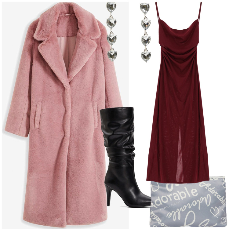 Outfit donna - La pelliccetta rosa scalda la serata. Stile Glamour per Serata fuori. Abbinamento con stivali, ecopellicce, orecchini, vestiti midi/longuette, pochette.