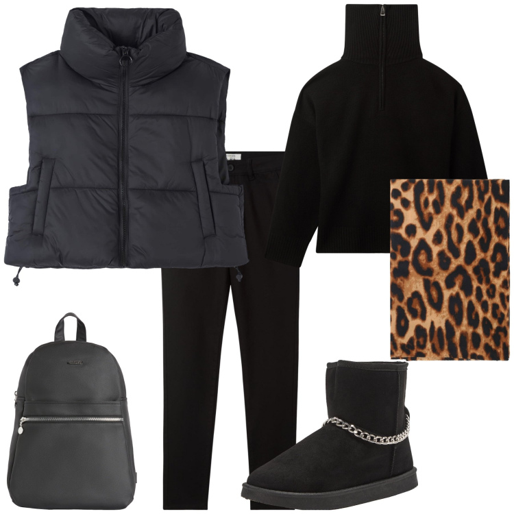 Outfit donna - Passeggiata di gennaio. Stile Casual per Tutti i giorni. Abbinamento con pantaloni chino, piumini, maglieria, stivaletti, stole, zaini.