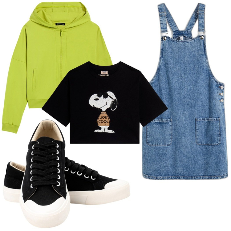 Outfit donna - Revival anni \'90. Stile Casual per Scuola/Università. Abbinamento con salopette, felpe con cappuccio, t-shirt, sneakers.