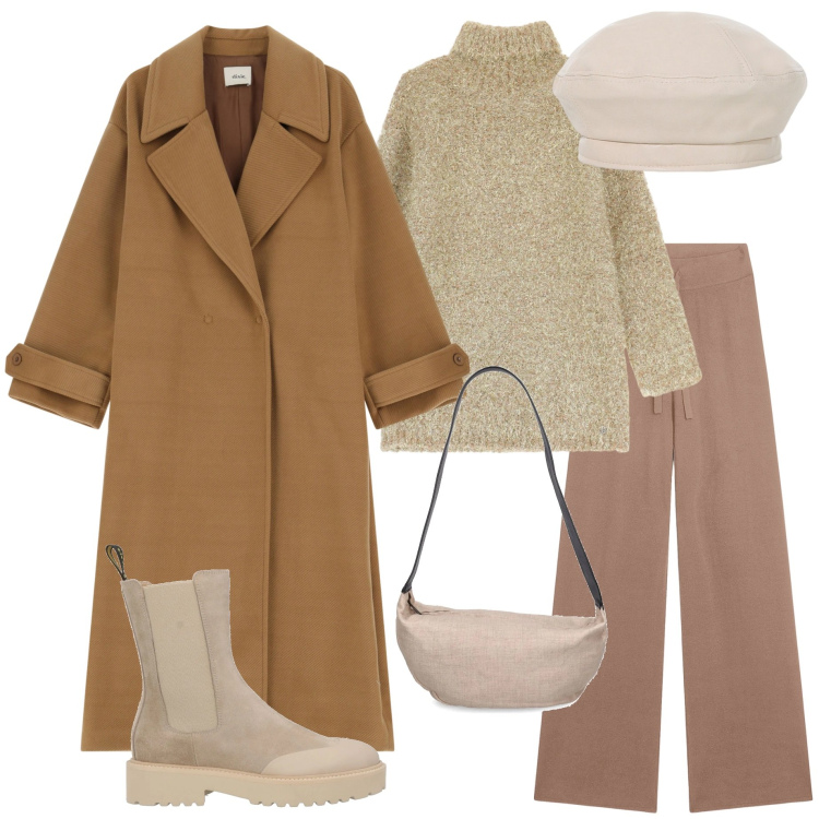 Outfit donna - Freddo non ti temo. Stile Sporty chic per Ufficio. Abbinamento con stivaletti chelsea, maglieria, pantaloni, cappotti, cappelli e berretti, borse a spalla.