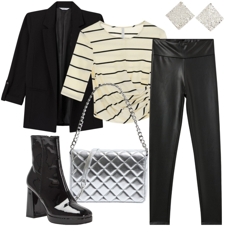 Outfit donna - Ritorno agli anni 90. Stile Glamour per Serata fuori. Abbinamento con blazer, orecchini, treggings, stivaletti, borse a tracolla, t-shirt.