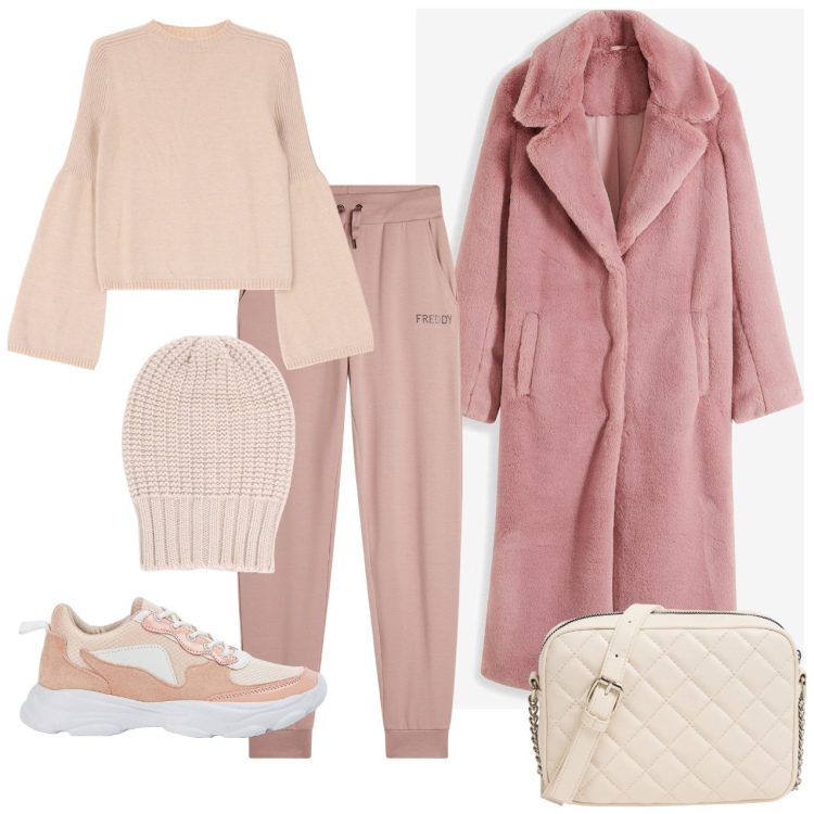 Outfit donna - Al calduccio. Stile Casual per Tutti i giorni. Abbinamento con ecopellicce, sneakers, borse a tracolla, berretti, maglieria, pantaloni.