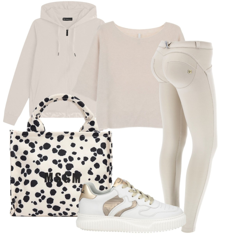 Outfit donna - Sportiva nei toni chiari. Stile Sporty chic per Sport. Abbinamento con sneakers, maglieria, felpe con cappuccio, pantaloni skinny, shopping bag.