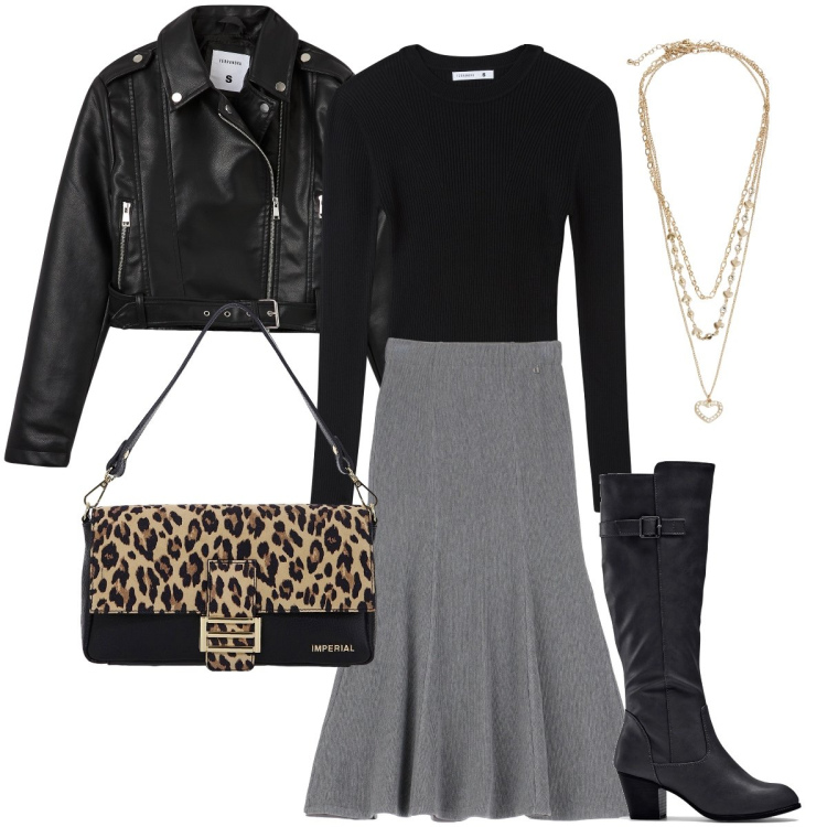 Outfit donna - Rock animalier. Stile Rock per Serata fuori. Abbinamento con stivali, giacche, maglieria, collane, borse a spalla, gonne lunghe.