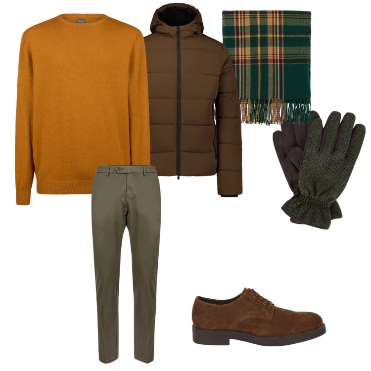 Outfit uomo - Un caldo inverno. per Ufficio. Abbinamento con sciarpe, pantaloni chino, maglieria, piumini, guanti, scarpe stringate.